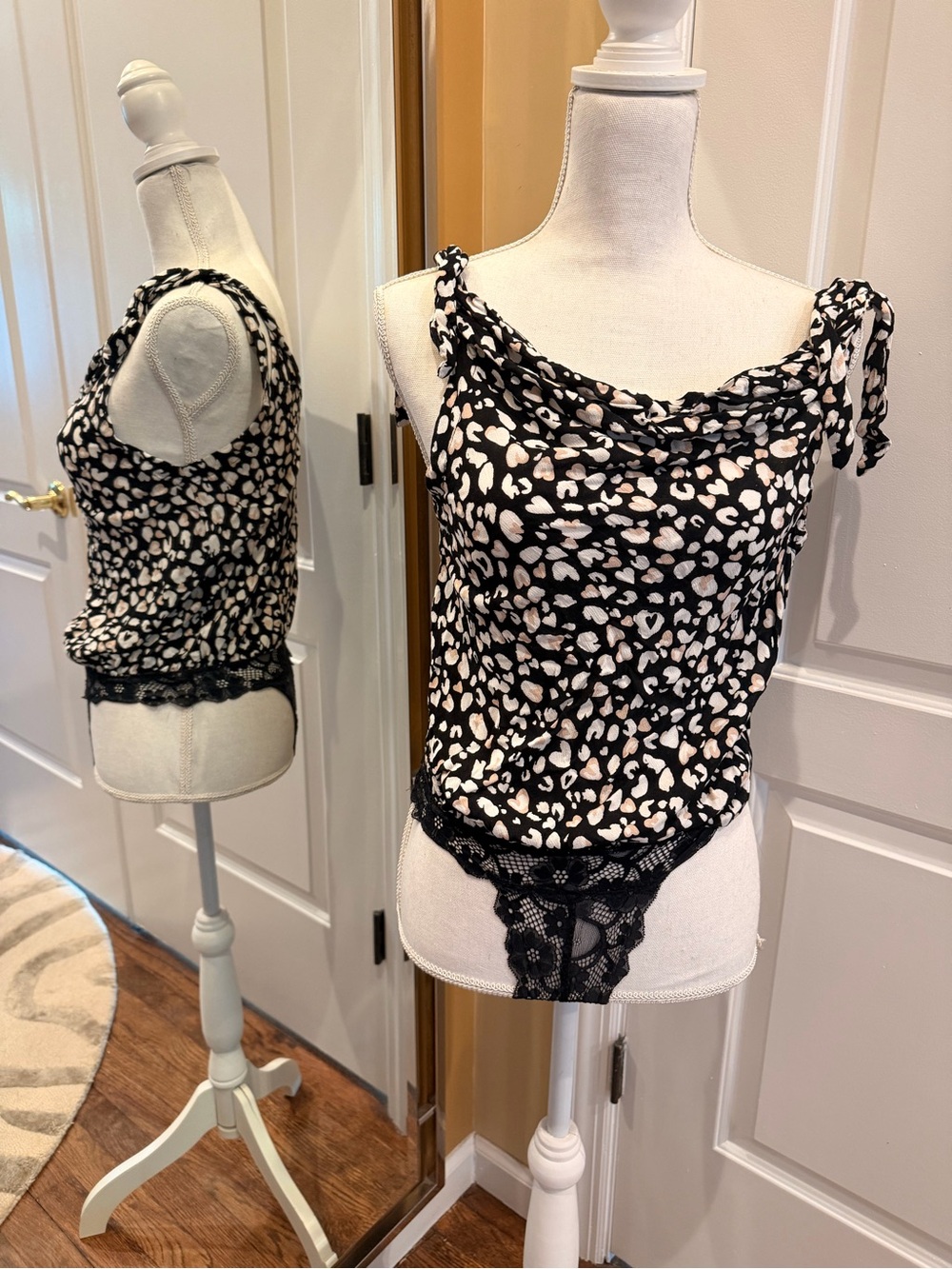 Free People Black and Cream Leopard Print Lace Trim Cowl Neck Tank